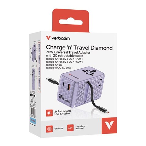 Verbatim, Uniwersalny adapter podróżny Charge ,n, Travel 1x USB-C, 1X USB-A + 2x zintegrowane kable USB-C, fioletowy, 70 W