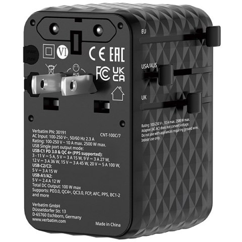 Verbatim, Uniwersalny adapter podróżny Charge ,n, Travel 2x USB-C, 2X USB-A + 1x zintegrowany kabel USB-C, czarna, 100 W