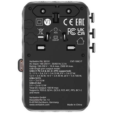 Verbatim, Uniwersalny adapter podróżny Charge ,n, Travel 2x USB-C, 2X USB-A + 1x zintegrowany kabel USB-C, czarna, 100 W
