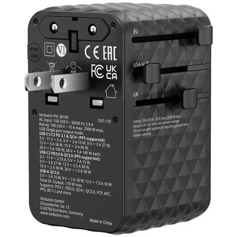 Verbatim, Uniwersalny adapter podróżny Charge ,n, Travel 2x USB-C, 2X USB-A + 1x zintegrowany kabel USB-C, czarna, 170 W