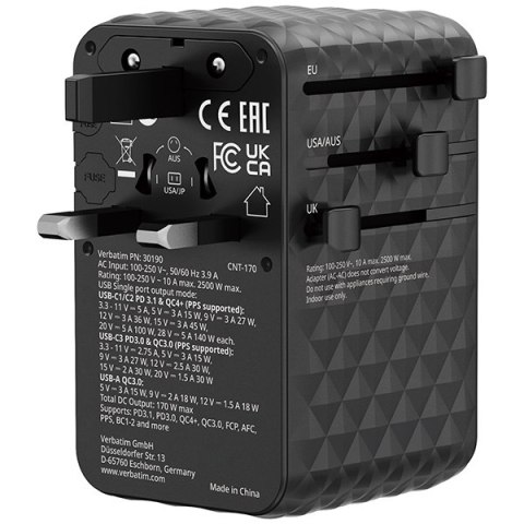 Verbatim, Uniwersalny adapter podróżny Charge ,n, Travel 2x USB-C, 2X USB-A + 1x zintegrowany kabel USB-C, czarna, 170 W