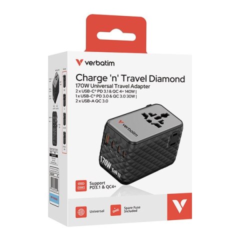 Verbatim, Uniwersalny adapter podróżny Charge ,n, Travel 2x USB-C, 2X USB-A + 1x zintegrowany kabel USB-C, czarna, 170 W