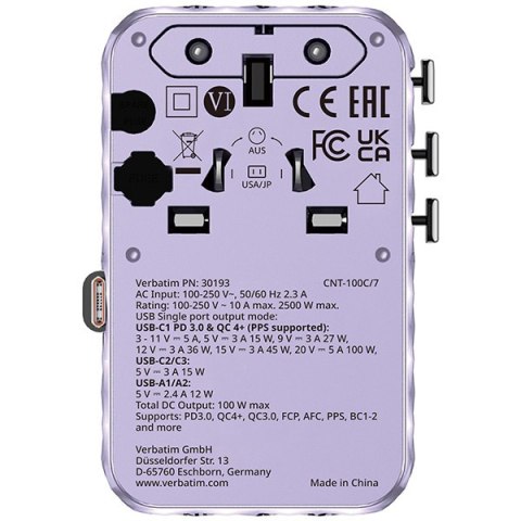 Verbatim, Uniwersalny adapter podróżny Charge ,n, Travel 2x USB-C, 2X USB-A + 1x zintegrowany kabel USB-C, fioletowy, 100 W