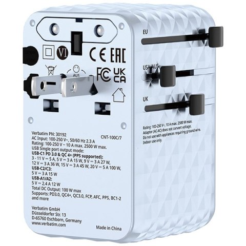 Verbatim, Uniwersalny adapter podróżny Charge ,n, Travel 2x USB-C, 2X USB-A + 1x zintegrowany kabel USB-C, niebieska, 100 W