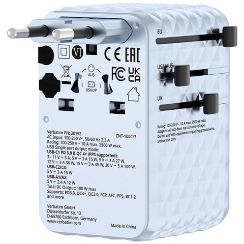 Verbatim, Uniwersalny adapter podróżny Charge ,n, Travel 2x USB-C, 2X USB-A + 1x zintegrowany kabel USB-C, niebieska, 100 W