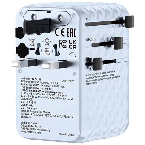 Verbatim, Uniwersalny adapter podróżny Charge ,n, Travel 2x USB-C, 2X USB-A + 1x zintegrowany kabel USB-C, niebieska, 100 W