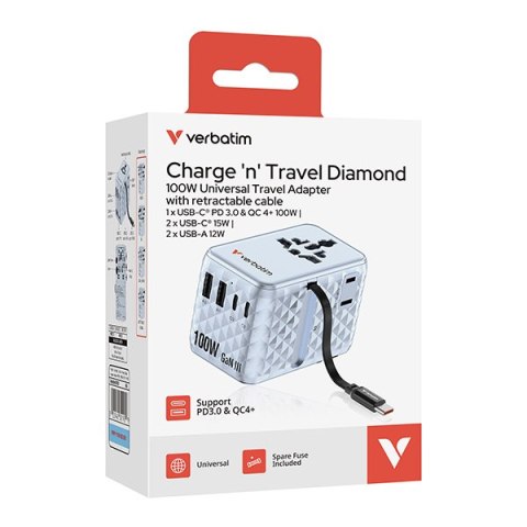 Verbatim, Uniwersalny adapter podróżny Charge ,n, Travel 2x USB-C, 2X USB-A + 1x zintegrowany kabel USB-C, niebieska, 100 W