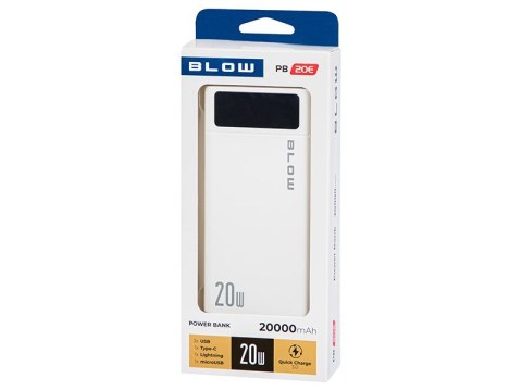 BLOW POWER BANK 20000MAH QC+PD 20W + LIGHTNING BIAŁY PB20E