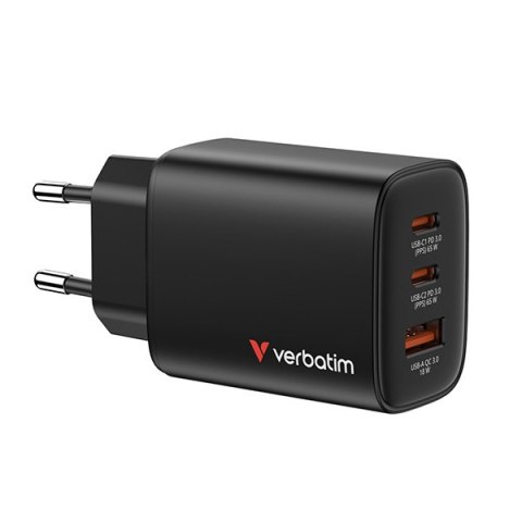 Verbatim Essentials, Ładowarka sieciowa GaN USB-A QC 3.0, 2 USB-C PD 3.0, czarna, 65W, wtyczki EU/UK/US/AUS