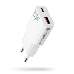 Ładowarka sieciowa everActive GaN SUPER SLIM SC-340Q QC3.0 USB-C PD 20W biała