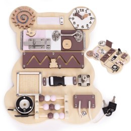 Drewniana tablica manipulacyjna sensoryczna dla dzieci panel edukacyjny miś 12 elementów ECOTOYS