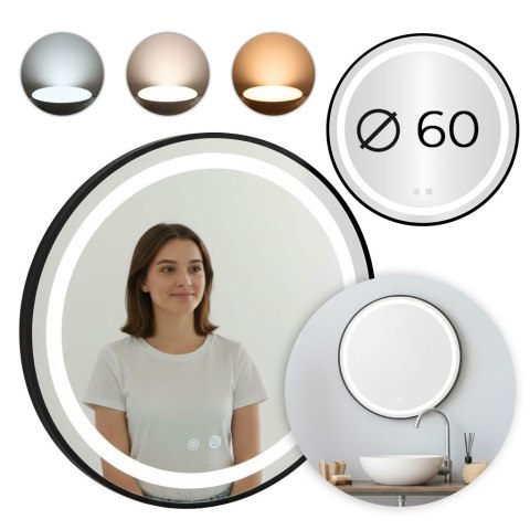 Lustro łazienkowe LED okrągłe ścienne 60 cm 3 barwy anti-fog włącznik dotykowy ModernHome