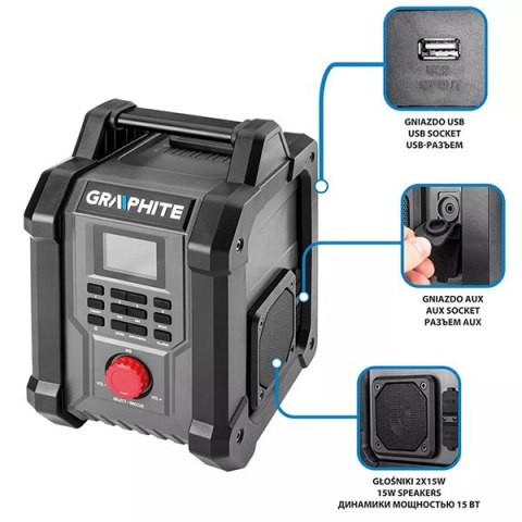 Graphite dílenské rádio, baterie, 18V, 2x15W, Li-Ion, czarne