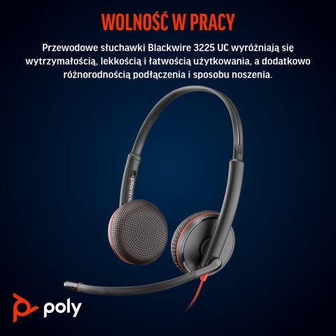 POLY Stereofoniczny zestaw słuchawkowy USB-C Blackwire 3225 + wtyczka 3,5 mm + przejściówka USB-C/A (opakowanie zbiorcze)