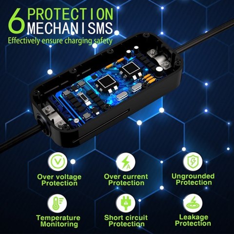 Qoltec Mobilna ładowarka do samochodu elektrycznego EV z regulacją 2w1 Typ2 SCHUKO 3.5kW 230V LCD Przenośna Wallbox 5m