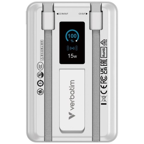 Powerbank Verbatim Charge n Go 10000mAh z podstawką Magnetic Wireless wyświetlacz TFT 2xkabel USB-C srebrny 32273