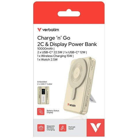 Powerbank Verbatim Charge n Go 10000mAh z podstawką Magnetic Wireless wyświetlacz TFT 2xkabel USB-C złoty 32274