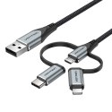 Kabel Vention USB-A 3w1 Micro-B USB-C Lightning 1m szary