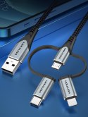 Kabel Vention USB-A 3w1 Micro-B USB-C Lightning 1m szary