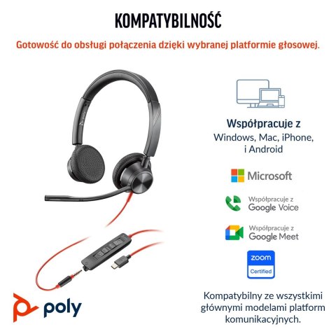 Słuchawki przewodowe POLY Blackwire 3325 Stereo Microsoft Teams Certified USB-C Headset 3.5mm Plug USB-C/A Adapter Przewodowa Op