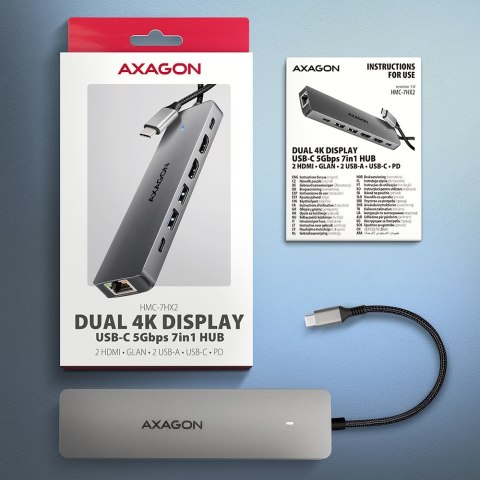 AXAGON HMC-7HX2 Hub USB, 2x USB-A, 1x USB-C, 2x HDMI 2.0, 1x RJ45, 100 W PD - srebrny