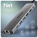 AXAGON HMC-7HX2 Hub USB, 2x USB-A, 1x USB-C, 2x HDMI 2.0, 1x RJ45, 100 W PD - srebrny