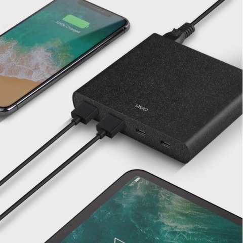 UNIQ Ładowarka siec. HUB Surge 90W czarny /charcoal black 2xUSB Quick Charge 3.0 + 2xUSB-C PD 3.0 (LITHOS Collective)