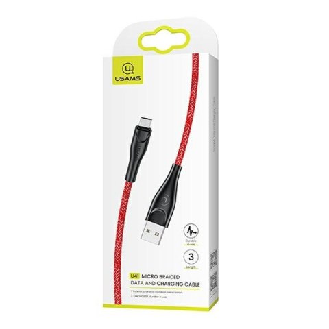 USAMS Kabel pleciony U41 MicroUSB/USB Fast Charge 3m czerwony/red SJ399USB02 (US-SJ399)