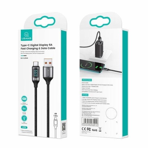 USAMS Kabel pleciony U78 USB-C 1.2m LED 6A Fast Charging czarny/black SJ544USB01 (US-SJ544)