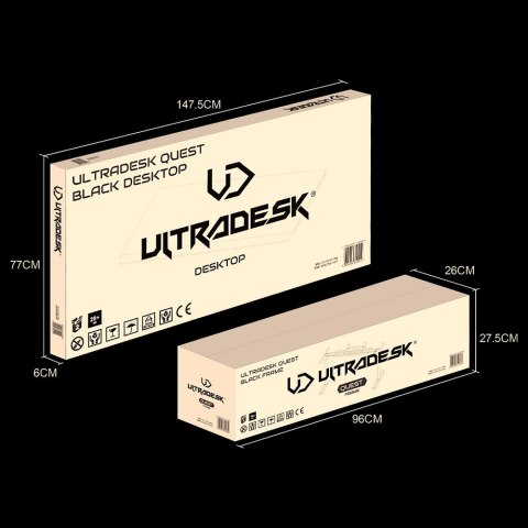 ULTRADESK Biurko dla gracza QUEST, 140x70cm, 72-120cm, czarno-szary