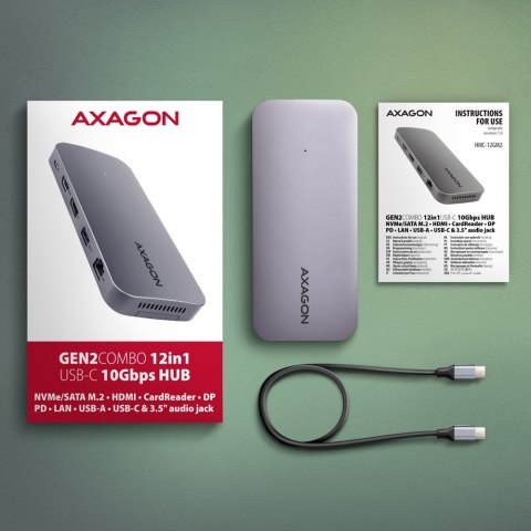 Axagon HMC-12GM2 stacja dokująca Przewodowa USB 3.2 Gen 2 (3.1 Gen 2) Type-C Szary