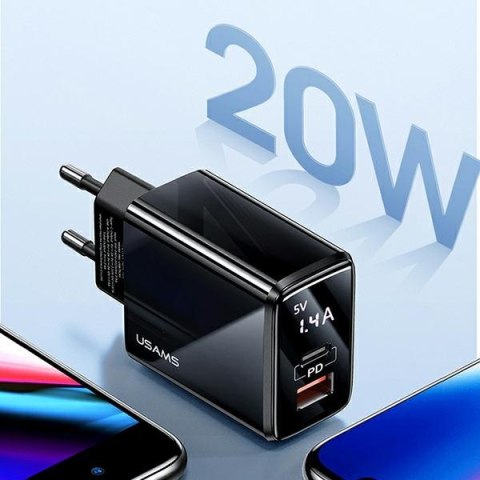 USAMS Ładowarka siec. 1xUSB-C+1xUSB T40 20W LED (only head) PD3.0 +QC3.0 Fast Charging czarny/black CC133TC01 (US-CC133)