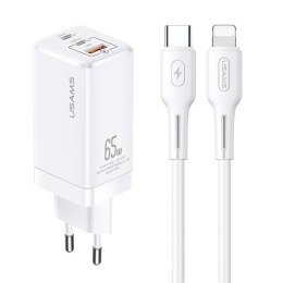 USAMS Ładowarka siec. MT 2xUSB-C+USB GaN 65W T33 PD + kabel USB-C-Lightning 30W Fast Charging biały/white MTXLOGTL02