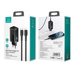 USAMS Ładowarka siec. MT 2xUSB-C+USB GaN 65W T33 PD + kabel USB-C-Lightning 30W Fast Charging czarny/black MTXLOGTL01