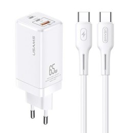 USAMS Ładowarka siec. MT 2xUSB-C+USB GaN 65W T33 PD + kabel USB-C-USB-C 100W Fast Charging biały/white MTXLOGTC02