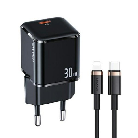 USAMS Ładowarka siec. USB-C T45 30W PD3.0 +QC3.0 Fast Charging +kabel U63 USB-C/Lightning czarny/black UXTZH01 (USAMS-UX)