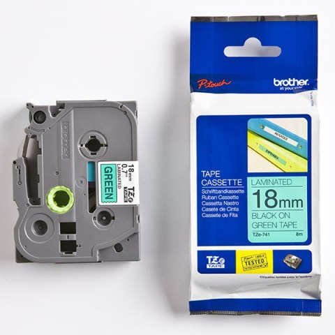 Brother oryginalny taśma do drukarek etykiet, Brother, TZE-741, czarny druk/zielony podkład, laminowane, 8m, 18mm