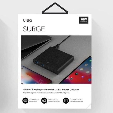 UNIQ Ładowarka siec. HUB Surge 90W czarny /charcoal black 2xUSB Quick Charge 3.0 + 2xUSB-C PD 3.0 (LITHOS Collective)