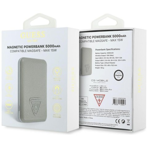 Powerbank indukcyjny Guess Grained Triangle 5000mAh 15W USB-C MagSafe beżowy