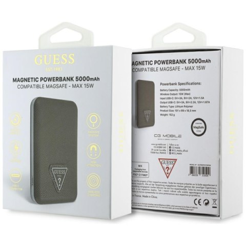 Powerbank indukcyjny Guess Grained Triangle 5000mAh 15W USB-C MagSafe brązowy