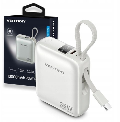 Powerbank Vention 10000mAh 35W PD z wbudowanym kablem USB-C beżowy