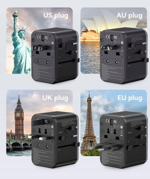 Uniwersalny adapter podróżny z ładowarką Vention 65W GaN 2x USB-A 2x USB-C czarny