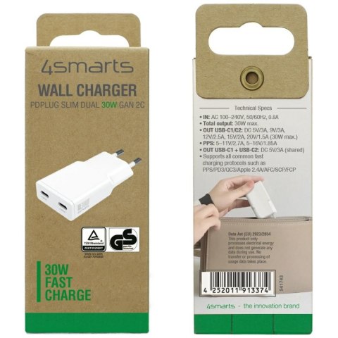 Ładowarka sieciowa 4smarts FlatPlug Slim Dual 30W GaN 2xUSB-C biały