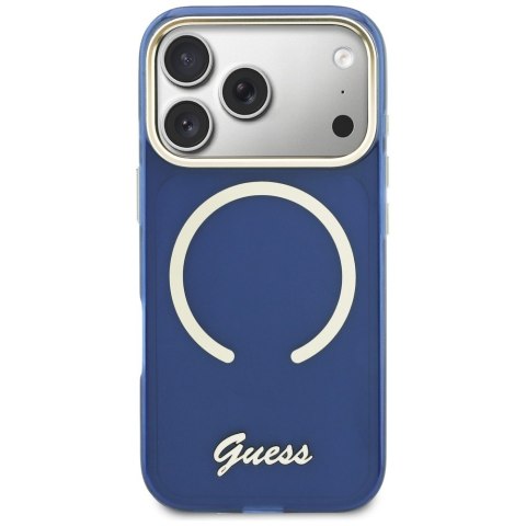 Etui Guess IML Script Metal MagSafe do iPhone 17 Pro Max niebieski