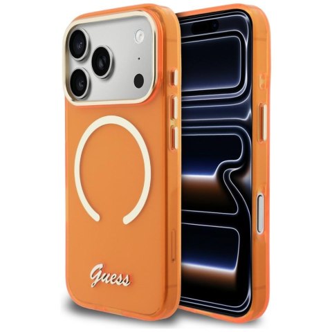 Etui Guess IML Script Metal MagSafe do iPhone 17 Pro Max pomarańczowy