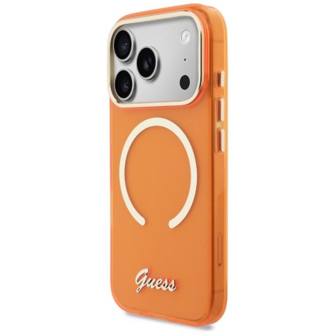 Etui Guess IML Script Metal MagSafe do iPhone 17 Pro pomarańczowy