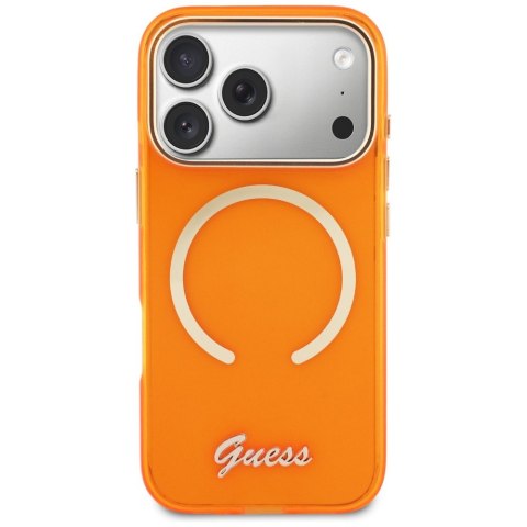 Etui Guess IML Script Metal MagSafe do iPhone 17 Pro pomarańczowy