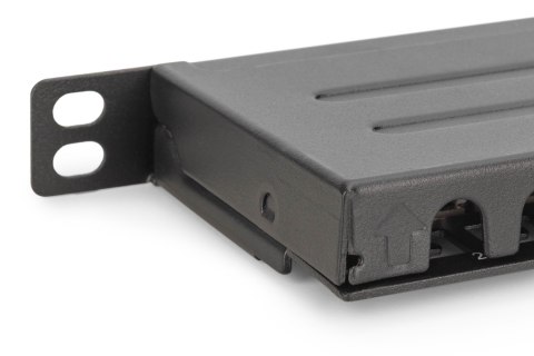 Panel krosowy high density 19'' 24x RJ45, LSA poziom, kat.6, ekranowany, 0.5U, czarny, prowadnica kabli