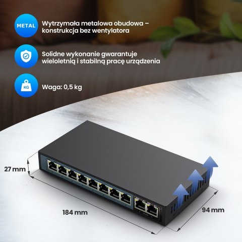 Extralink Switch PoE CERES 8x 100Mb/s PoE/PoE+, 2x RJ45 Uplink 100Mb/s, 96W