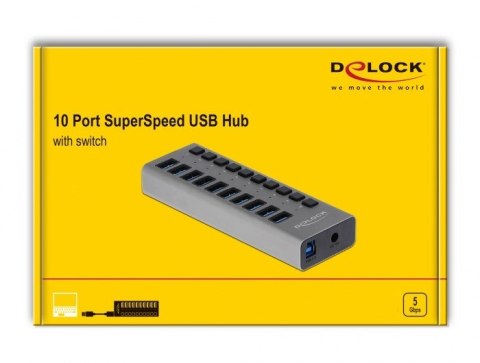 Delock Zewnętrzny USB 3.0 Hub z 10 portami i przełącznikami